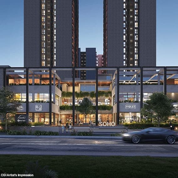 Commercial and lifestyle spaces at dusk